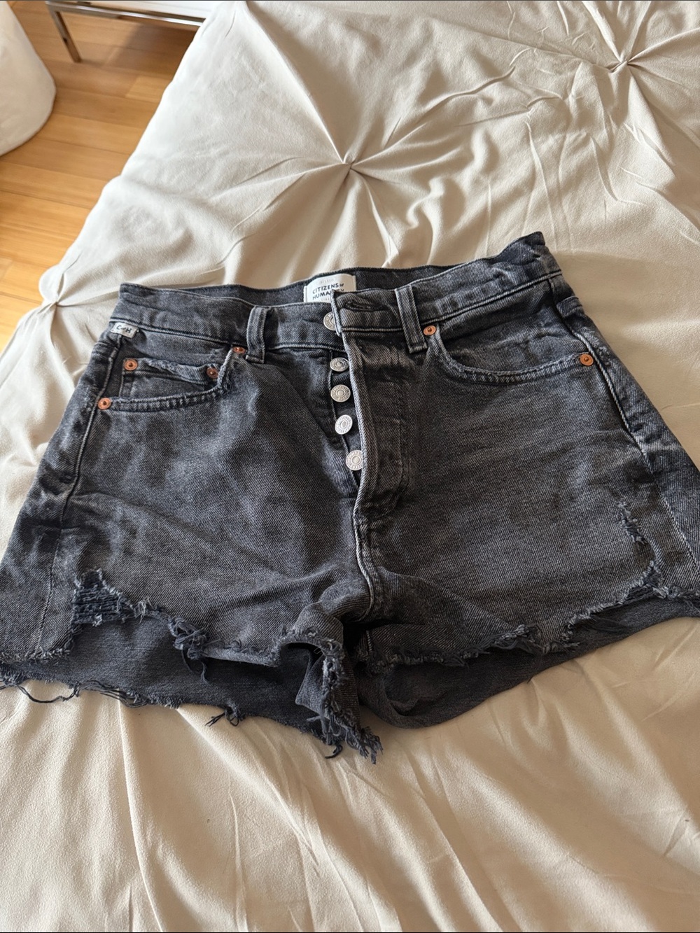 Citizens Of Humanity Washed Black High-Rise Distressed Denim Shorts